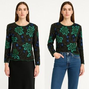 Vintage Scala Beaded Silk Top Black/Green XL Glam 80s Studio 54 Art Deco Formal